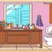 Teste visual de banheiro com vaso sanitário, pia com cosméticos, flores, espelho e box de chuveiro ilustração colorida.