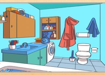 Teste visual de uma ilustração de banheiro com itens de limpeza, armários e roupas penduradas na parede
