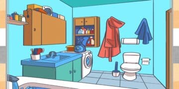 Teste visual de uma ilustração de banheiro com itens de limpeza, armários e roupas penduradas na parede