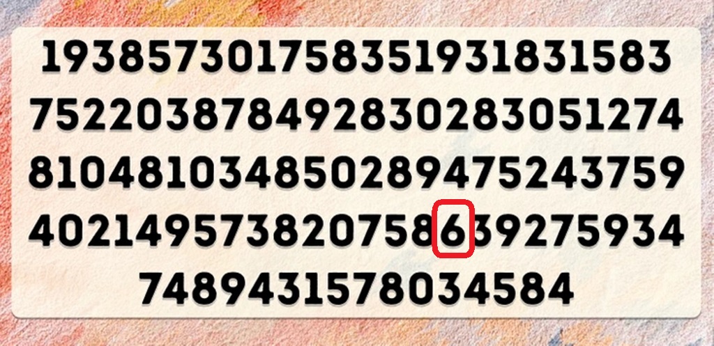 Teste visual com uma sequência de números para teste visual de atenção com número 6 escondido