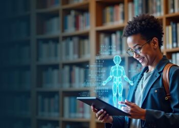 Estudante interagindo com IA em uma biblioteca, visualizando um modelo de corpo humano holográfico.