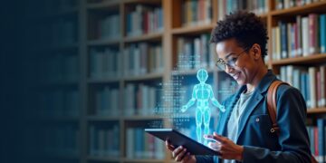 Estudante interagindo com IA em uma biblioteca, visualizando um modelo de corpo humano holográfico.
