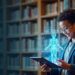 Estudante interagindo com IA em uma biblioteca, visualizando um modelo de corpo humano holográfico.
