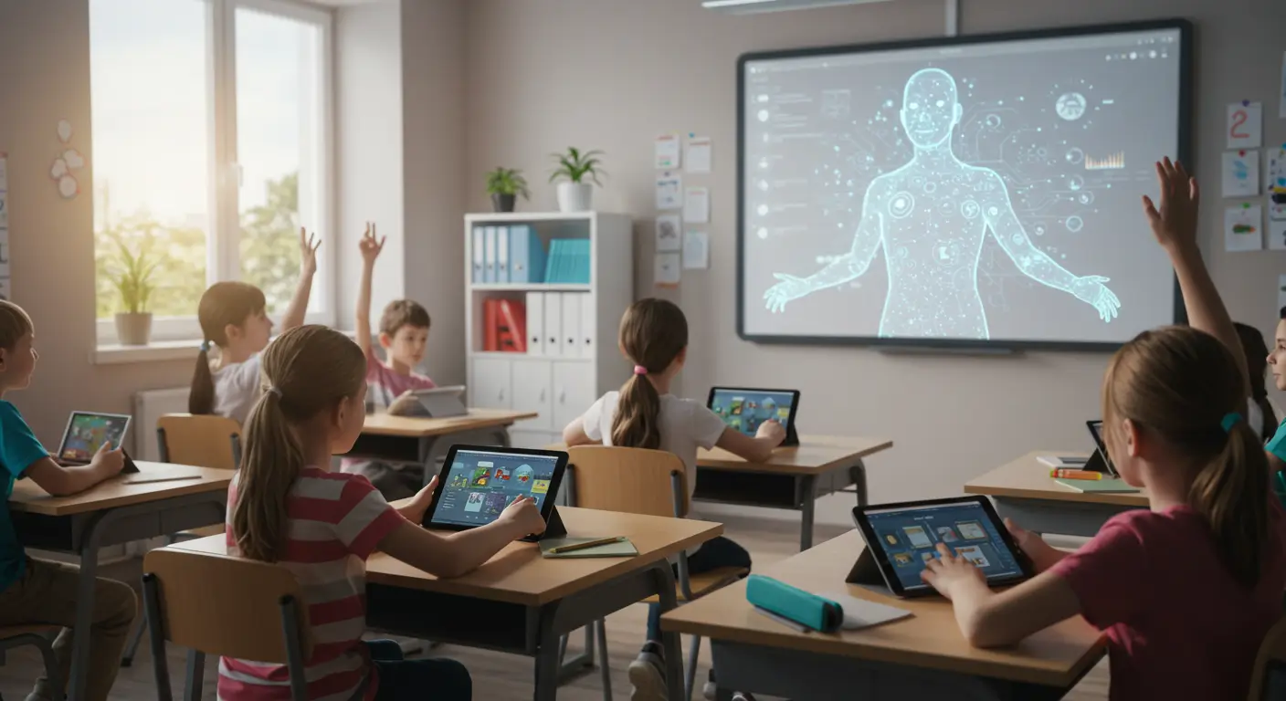 Crianças em uma sala de aula usando tablets com uma representação holográfica do corpo humano na tela.