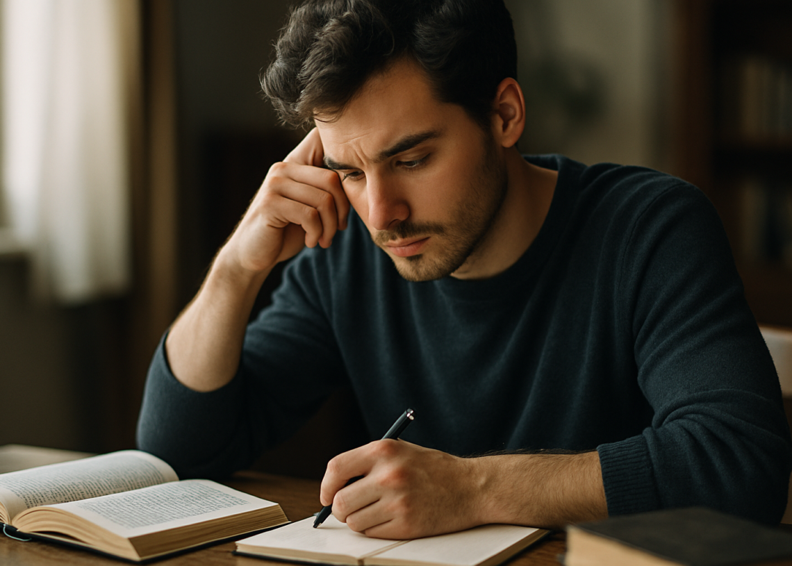 Estudante concentrado escrevendo e organizando ideias para uma redação