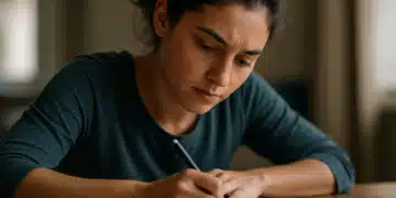 Mulher concentrada enquanto faz sua redação.
