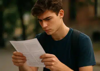 Jovem analisando sua prova do provão paulista ao ar livre, com expressão de concentração.