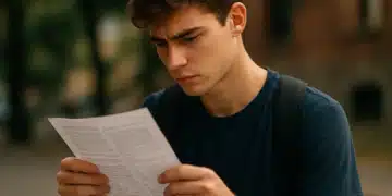 Jovem analisando sua prova do provão paulista ao ar livre, com expressão de concentração.