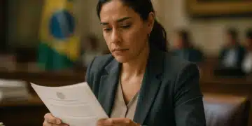 Mulher em ambiente de trabalho lendo documentos relacionados a políticas públicas.