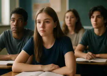 Alunos em sala de aula tendo aula sobre o novo acordo ortográfico.