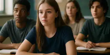 Alunos em sala de aula tendo aula sobre o novo acordo ortográfico.