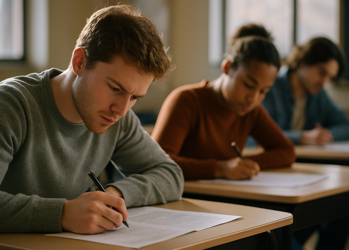 Estudantes focados durante prova, com um jovem concentrado em sua folha de resposta e outros ao fundo.