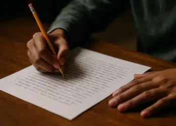 Pessoa escrevendo em folha pautada uma redação com lápis amarelo, representando dedicação à prática da escrita