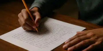 Pessoa escrevendo em folha pautada uma redação com lápis amarelo, representando dedicação à prática da escrita