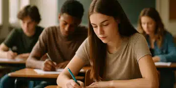 Livro aberto com um lápis sobre as páginas, ao lado de um caderno e uma caneta, em uma mesa de madeira, simbolizando o estudo da literatura e da linguagem.