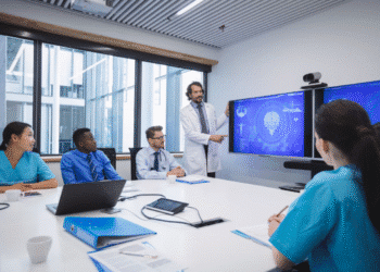 Médicos em uma sala de conferências discutindo sobre tecnologia médica.