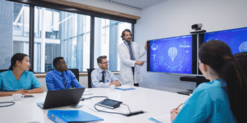 Médicos em uma sala de conferências discutindo sobre tecnologia médica.