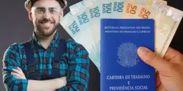 Trabalhador com capacete e óculos de proteção, sorrindo, com notas de dinheiro e a Carteira de Trabalho e Previdência Social ao fundo, ilustrando profissões que podem ser bem remuneradas sem diploma universitário.
