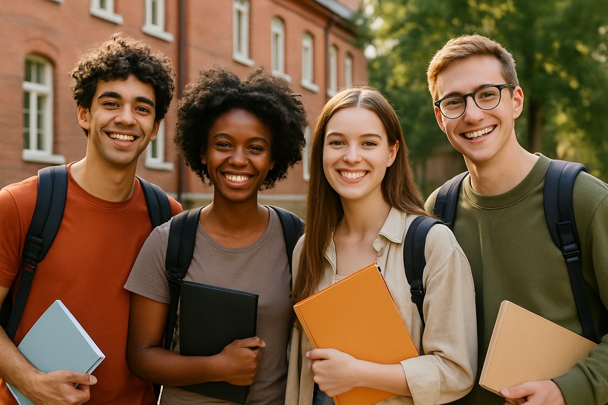 Quatro estudantes sorrindo com mochilas e livros em frente a um prédio escolar
