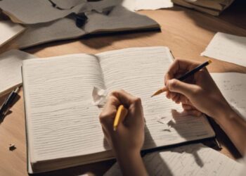 Pessoa escrevendo em um caderno, com várias folhas amassadas ao redor, simbolizando o processo de aprendizado da escrita.