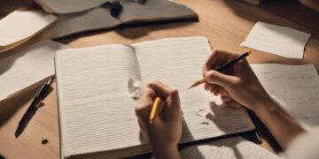 Pessoa escrevendo em um caderno, com várias folhas amassadas ao redor, simbolizando o processo de aprendizado da escrita.