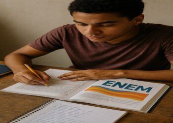 Estudante brasileiro concentrado em mesa de estudos com materiais do ENEM