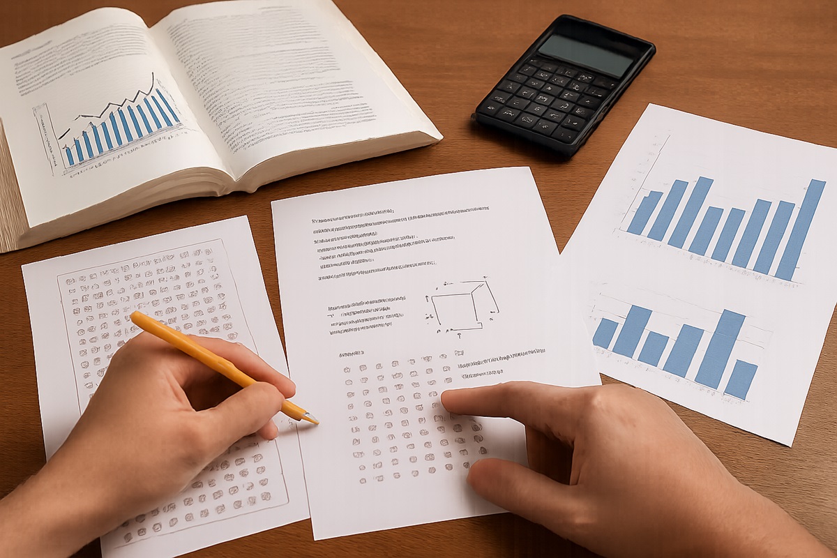 Pessoa respondendo prova de múltipla escolha com gráfico e calculadora sobre mesa