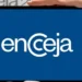 Imagem do logo do Encceja exibido em um tablet, com fundo de uma folha de redação, destacando a consulta ao gabarito do exame 2025.