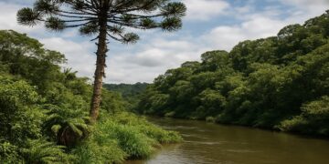 Araucária: representando natureza com uma grande árvore típica do sul do Brasil em uma paisagem de rio sinuoso e mata densa
