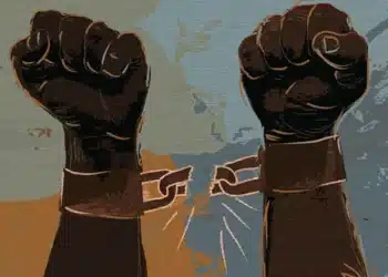 Imagem representando a luta pela abolição da escravidão no Brasil, com punhos levantados quebrando as correntes da opressão.