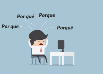 Personagem animado confuso tentando entender as diferenças entre os diversos usos de 'porquê' na língua portuguesa.