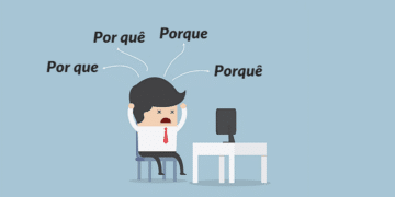 Personagem animado confuso tentando entender as diferenças entre os diversos usos de 'porquê' na língua portuguesa.