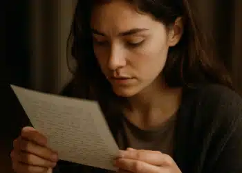 Mulher segurando carta em mãos, lendo atentamente o conteúdo, com foco na expressão facial e na interação com o papel.