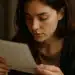 Mulher segurando carta em mãos, lendo atentamente o conteúdo, com foco na expressão facial e na interação com o papel.