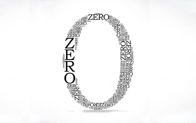 Representação visual do número zero formado por diversas palavras 'ZERO'.