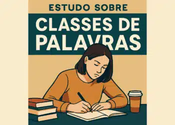 Uma ilustração minimalista de uma mulher morena sentada à mesa escrevendo em um caderno aberto, com dois livros empilhados à esquerda e um copo de café com tampa à direita, sob o título "Estudo Sobre Classes de Palavras"