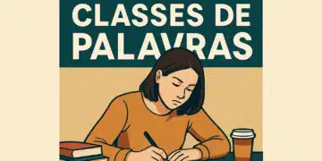 Uma ilustração minimalista de uma mulher morena sentada à mesa escrevendo em um caderno aberto, com dois livros empilhados à esquerda e um copo de café com tampa à direita, sob o título "Estudo Sobre Classes de Palavras"