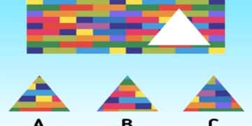 Desafio lógico visual com triângulo ausente em padrão colorido de blocos