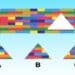 Desafio lógico visual com triângulo ausente em padrão colorido de blocos