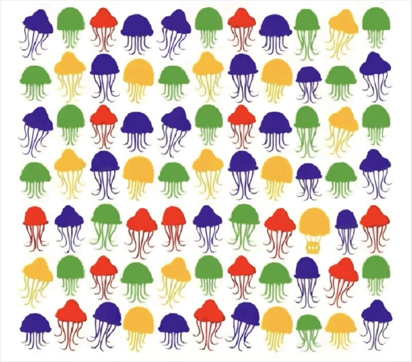 Desafio lógico com várias águas-vivas nas cores azul, vermelha, verde e amarela, e um balão camuflado.