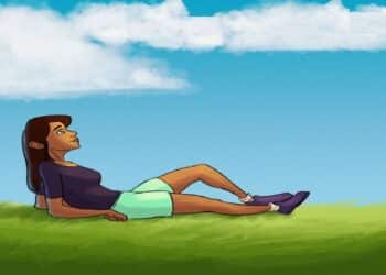 Desafio lógico com uma Ilustração de mulher deitada na grama observando nuvens no céu azul.