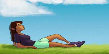 Desafio lógico com uma Ilustração de mulher deitada na grama observando nuvens no céu azul.