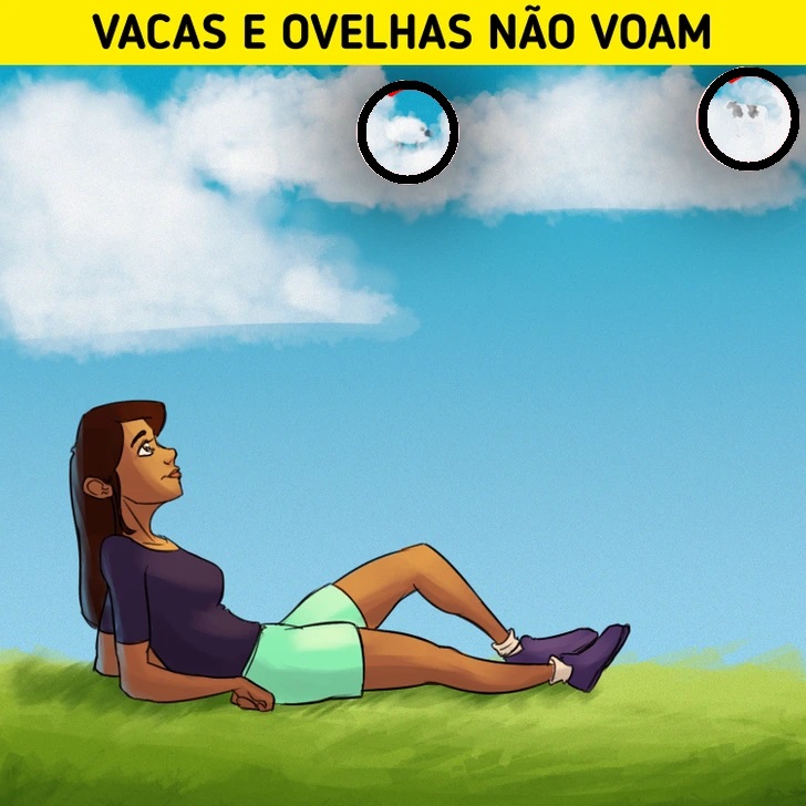 Desafio lógico com uma Ilustração de mulher deitada na grama observando nuvens no céu azul.