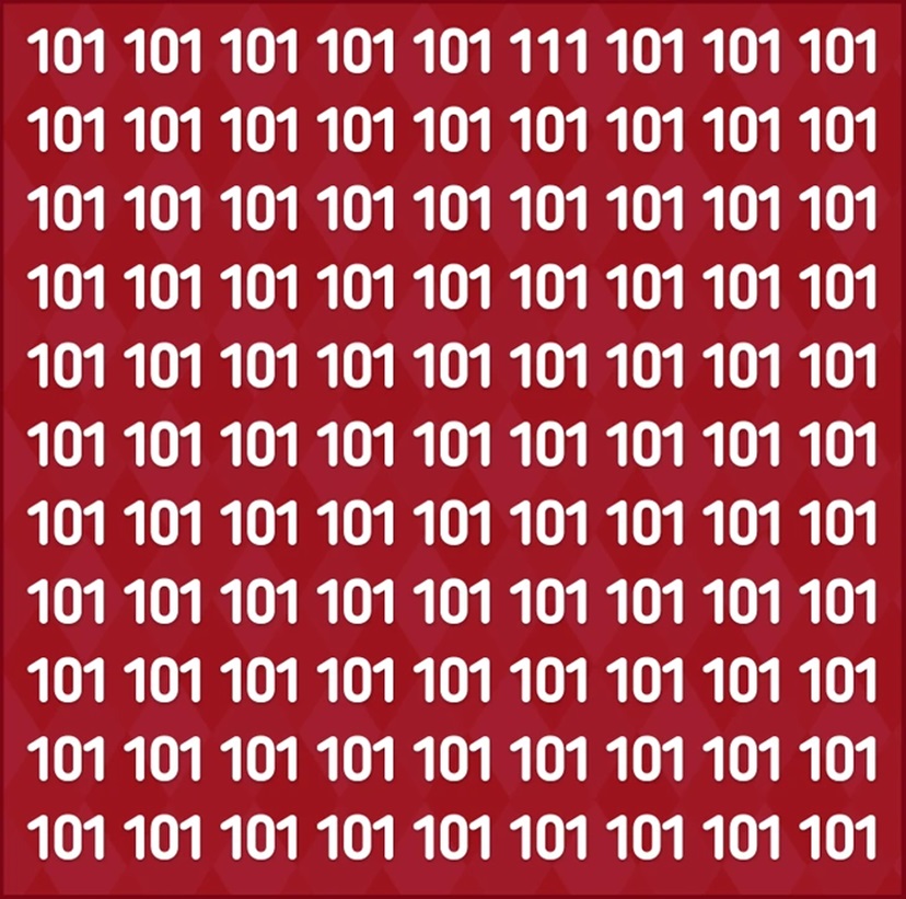 Desafio lógico com vários números 101 em fundo vermelho.