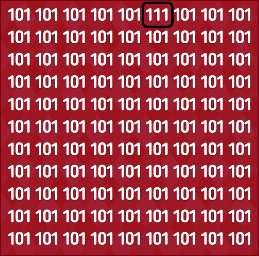 Desafio lógico com vários números 101 em fundo vermelho.