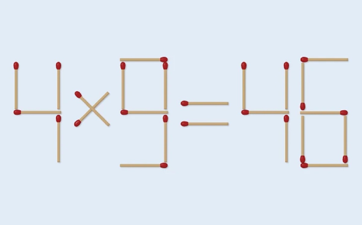 Desafio lógico com uma equação formada por palitos de fósforo mostrando 4 x 9 = 46