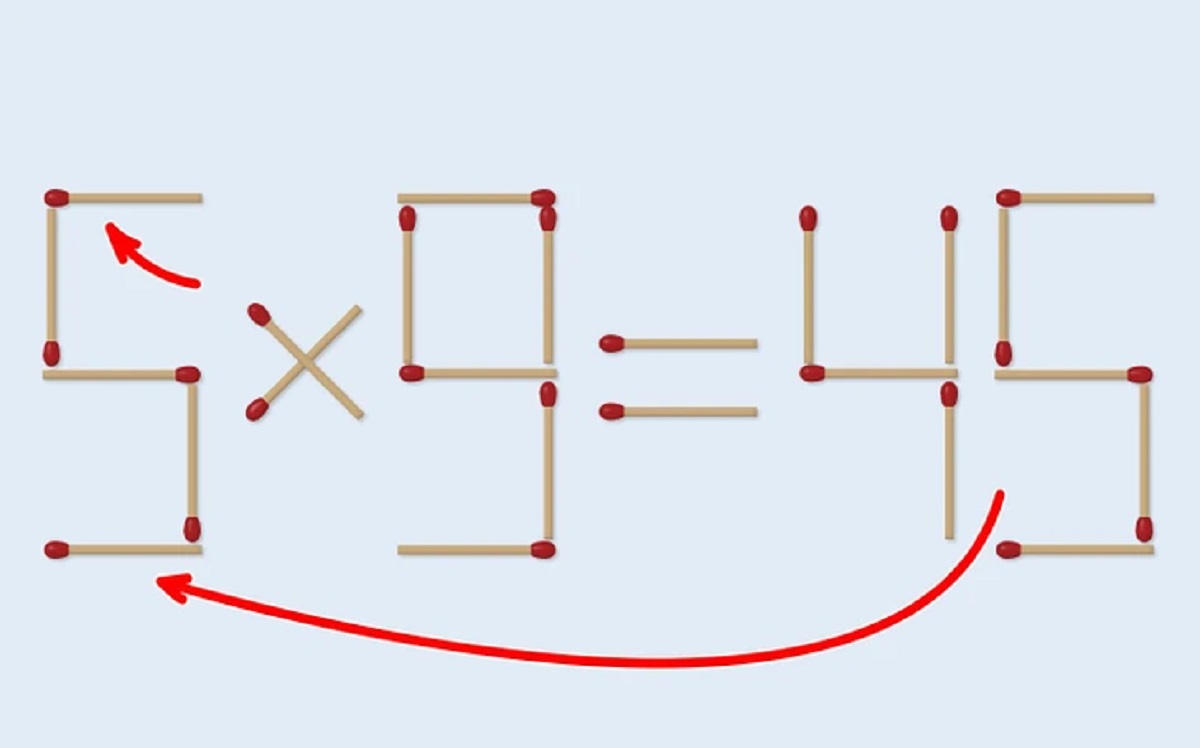 Desafio lógico com uma equação formada por palitos de fósforo mostrando 4 x 9 = 46