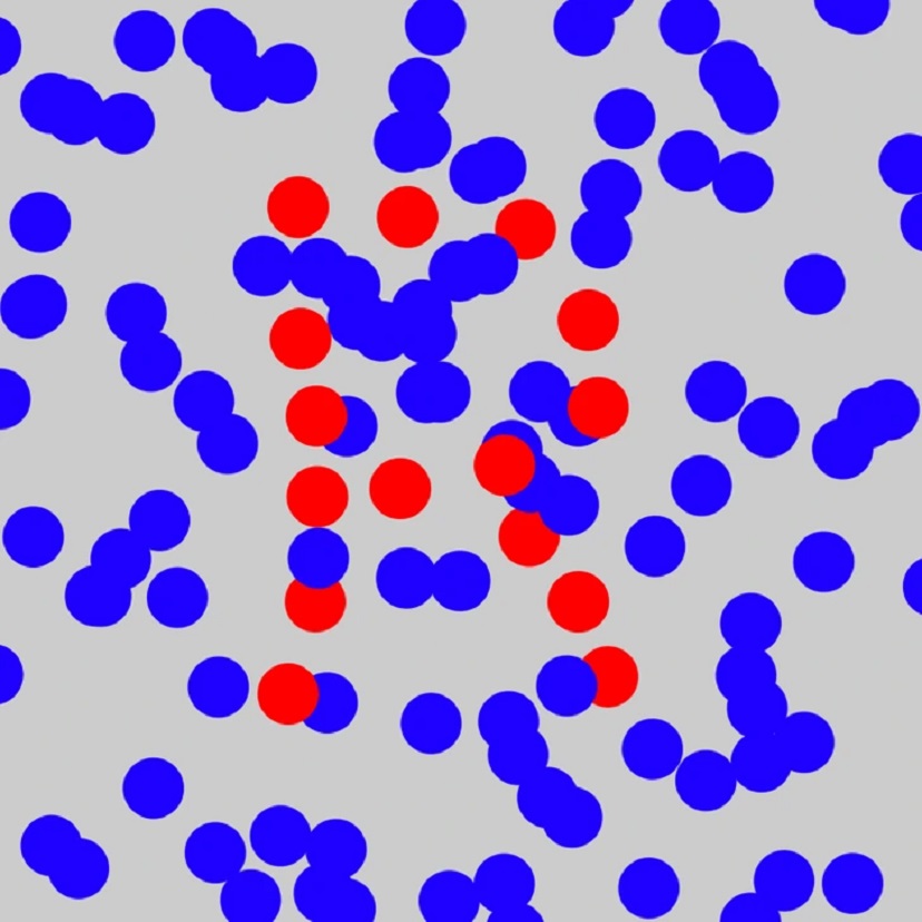 Desafio visual com uma imagem ilustrando a difusão de partículas em gases com pontos azuis e vermelhos distribuídos.
