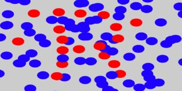 Desafio visual com uma imagem ilustrando a difusão de partículas em gases com pontos azuis e vermelhos distribuídos.