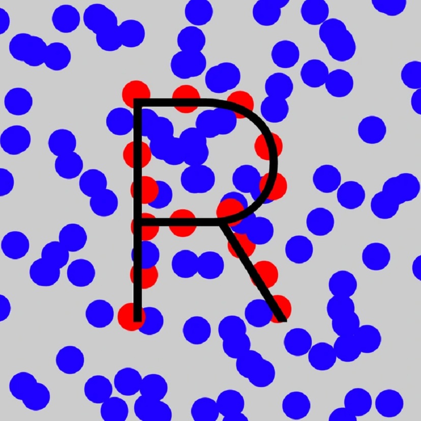 Desafio visual com uma imagem ilustrando a difusão de partículas em gases com pontos azuis e vermelhos distribuídos.